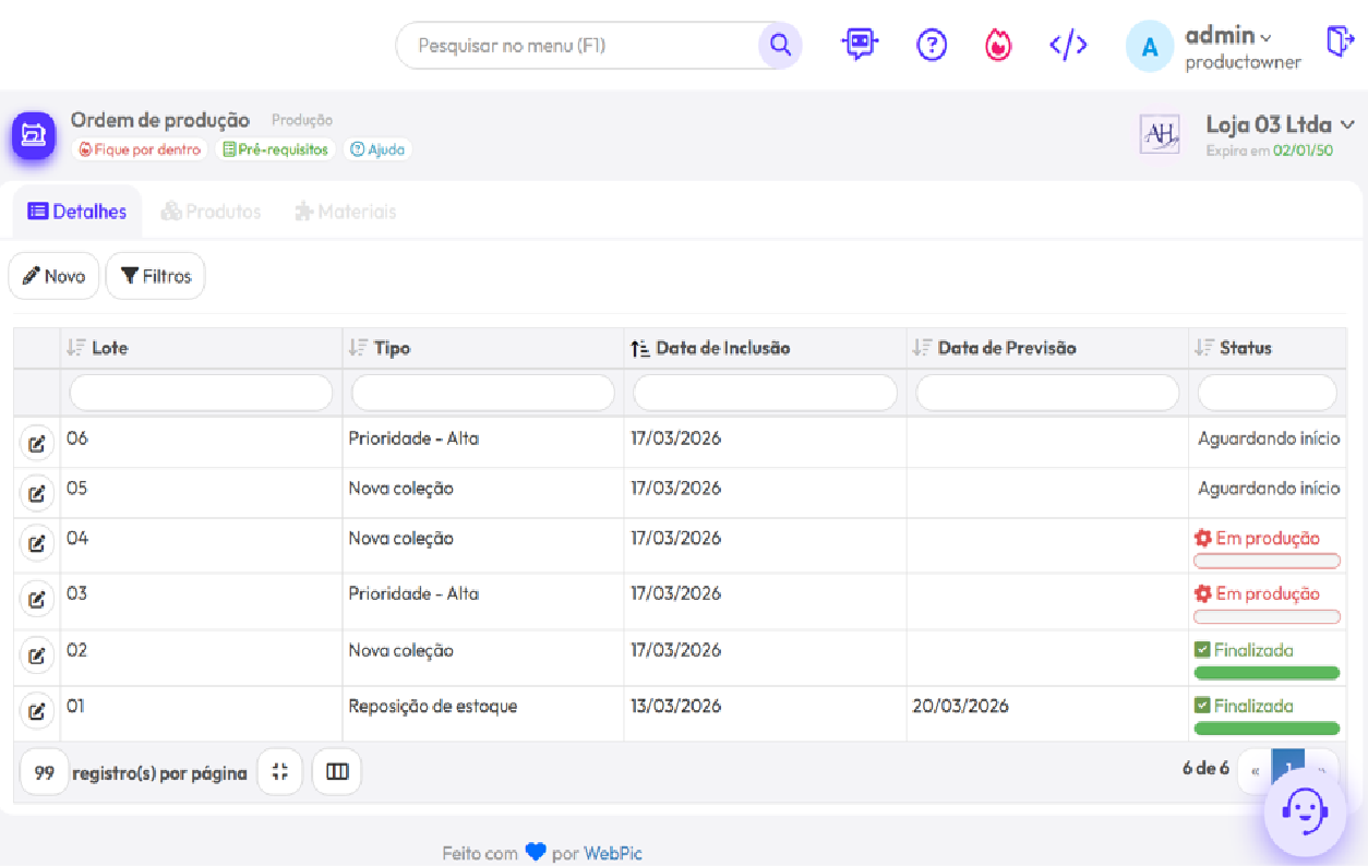 Modulo Produção - Webpic